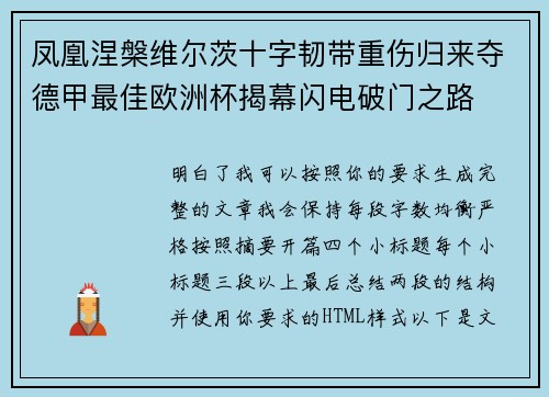 凤凰涅槃维尔茨十字韧带重伤归来夺德甲最佳欧洲杯揭幕闪电破门之路