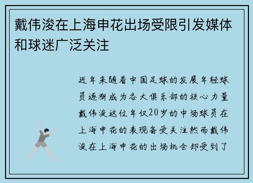 戴伟浚在上海申花出场受限引发媒体和球迷广泛关注 戴伟浚在上海申花出场受限引发媒体和球迷广泛关注